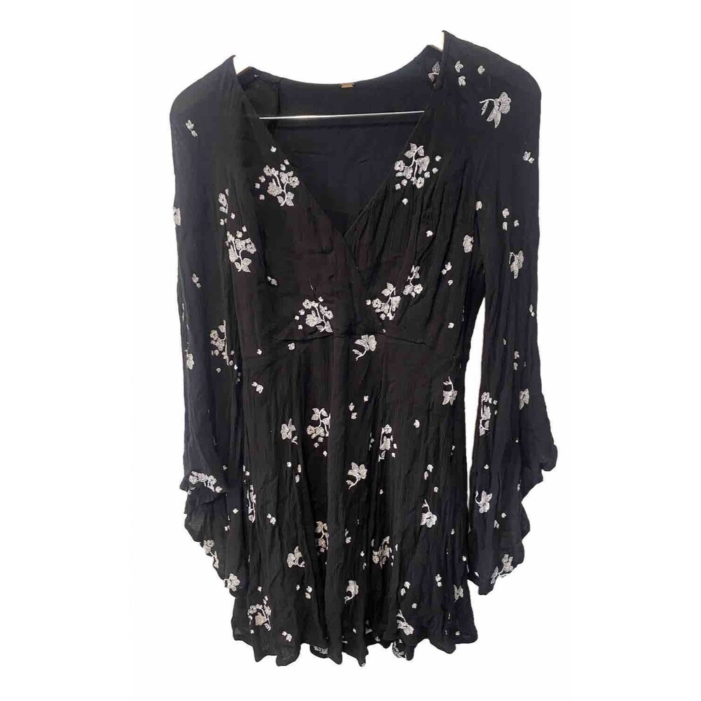FREE PEOPLE Black Embroidered Floral Bell Sleeve Dress Size S